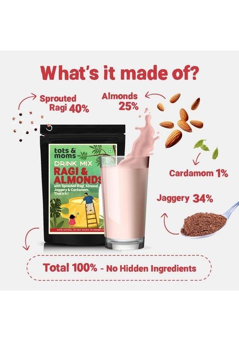 Tots And Moms No Sugar Drink Mix With Jaggery For Kids|Naturally Sweetened With Jaggery|No Sugar No Milk Powder No Preservatives Made Fresh|200G (200 G (Pack Of 1),Sprouted Ragi & Almond With Jaggery)