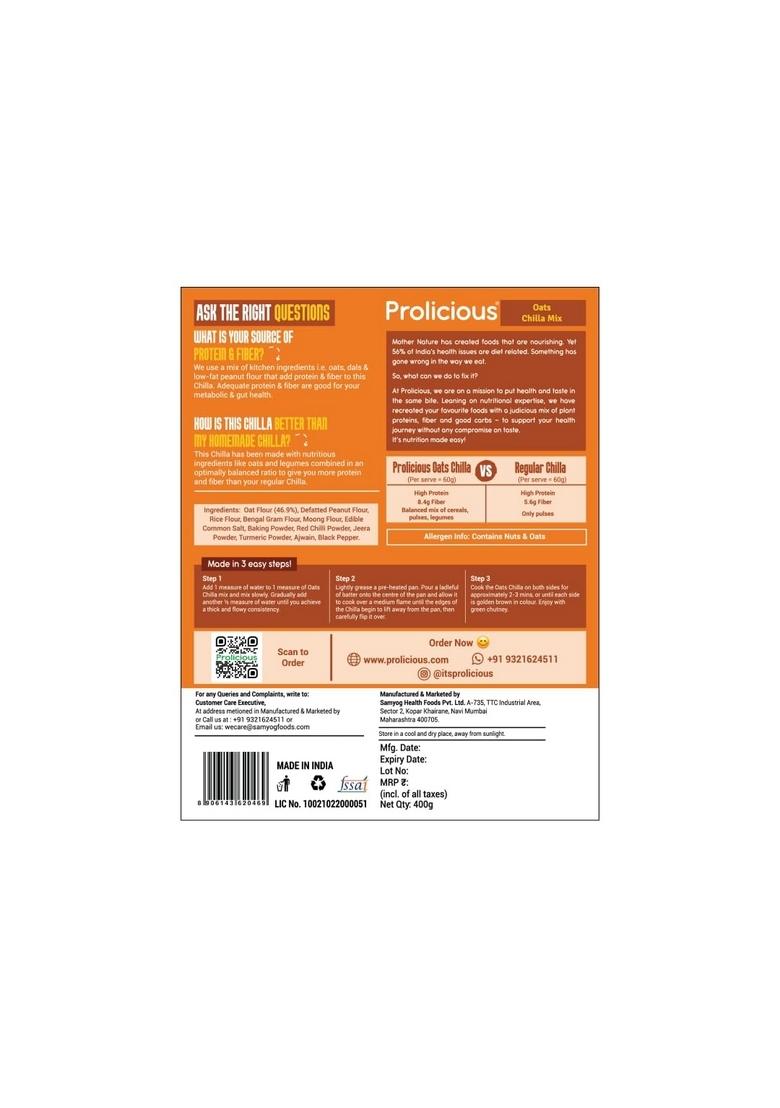 Prolicious High Protein High Fiber Oats Chilla Mix | Plant Based | Nutritious | No Palm Oil | No Trans-Fat | Ready To Cook | 400G Pack
