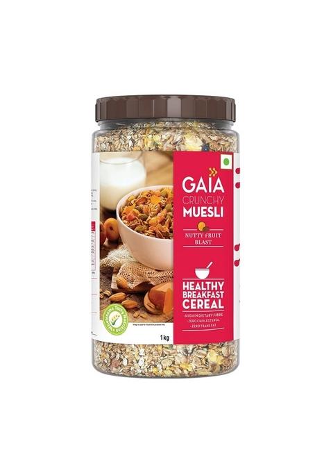 Gaia Nutty Fruit Blast Crunchy Muesli 1 Kg Jar - Blend Of Multigrains, Nuts, Oats And Cornflakes The Ultimate Healthy And Delicious Breakfast Cereals.