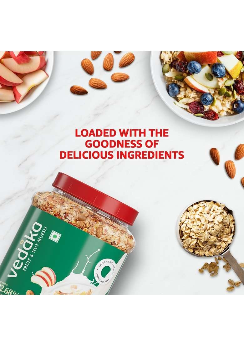 Vedaka Fruit And Nut Muesli 1 Kg Jar | Contains 82.68% Fruits, Nuts & Multigrains | High In Fiber | Source Of Protein | Breakfast Cereal - Indya