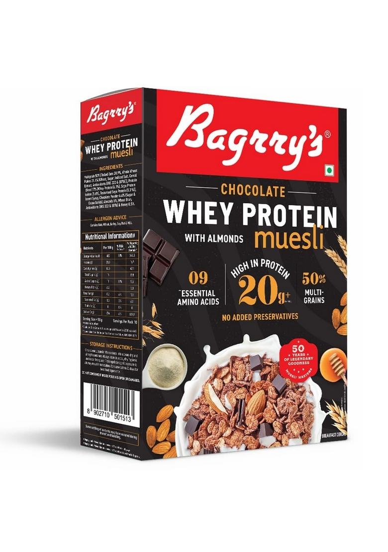 Bagrry'S Whey Protein Muesli 500Gm Box | 20Gm Protein | Chocolate Flavour| Whole Oats & Californian Almonds| Breakfast Cereal|Protein Rich| Premium American Whey Muesli