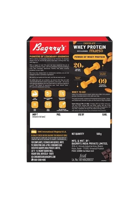 Bagrry'S Whey Protein Muesli 500Gm Box | 20Gm Protein | Chocolate Flavour| Whole Oats & Californian Almonds| Breakfast Cereal|Protein Rich| Premium American Whey Muesli