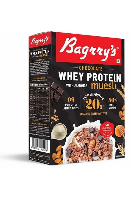 Bagrry'S Whey Protein Muesli 500Gm Box | 20Gm Protein | Chocolate Flavour| Whole Oats & Californian Almonds| Breakfast Cereal|Protein Rich| Premium American Whey Muesli