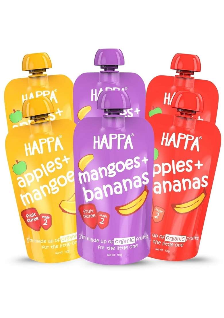 Happa Healthy Baby Food Puree | 100% Fruits | No Added Sugar, No Milk Powder, No Preservatives | Stage 2 (6 Months+) | Ready To Eat | Free From Common Allergens | Pack Of 6 (100G Each) - Indya