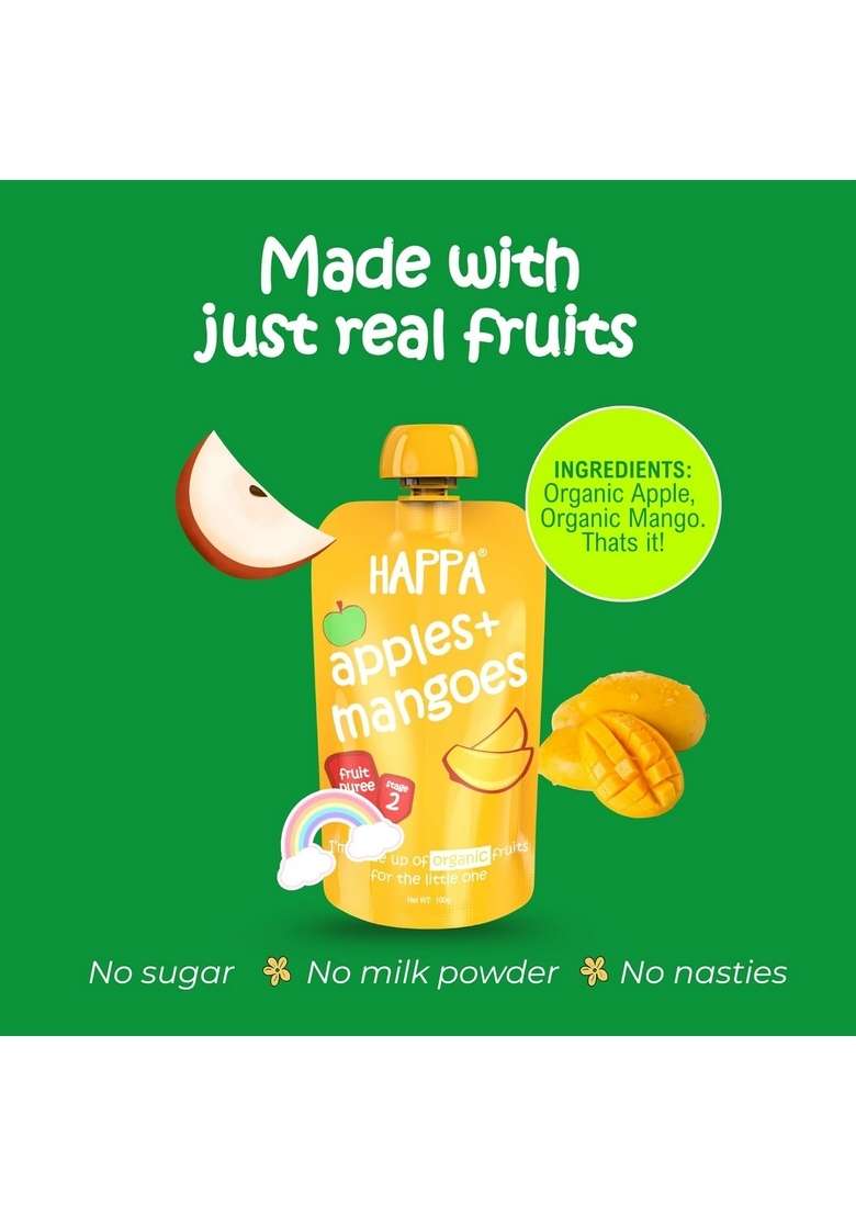 Happa Healthy Baby Food Puree | 100% Fruits | No Added Sugar, No Milk Powder, No Preservatives | Stage 2 (6 Months+) | Ready To Eat | Free From Common Allergens | Pack Of 6 (100G Each) - Indya