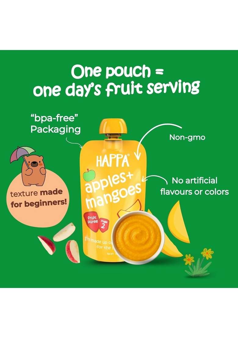 Happa Healthy Baby Food Puree | 100% Fruits | No Added Sugar, No Milk Powder, No Preservatives | Stage 2 (6 Months+) | Ready To Eat | Free From Common Allergens | Pack Of 6 (100G Each) - Indya