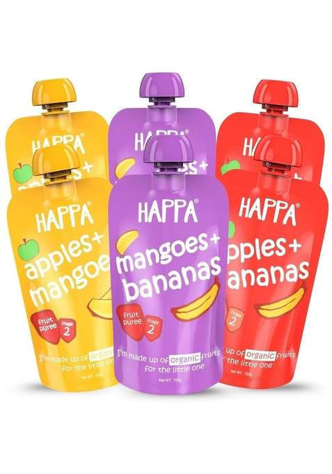 Happa Healthy Baby Food Puree | 100% Fruits | No Added Sugar, No Milk Powder, No Preservatives | Stage 2 (6 Months+) | Ready To Eat | Free From Common Allergens | Pack Of 6 (100G Each)