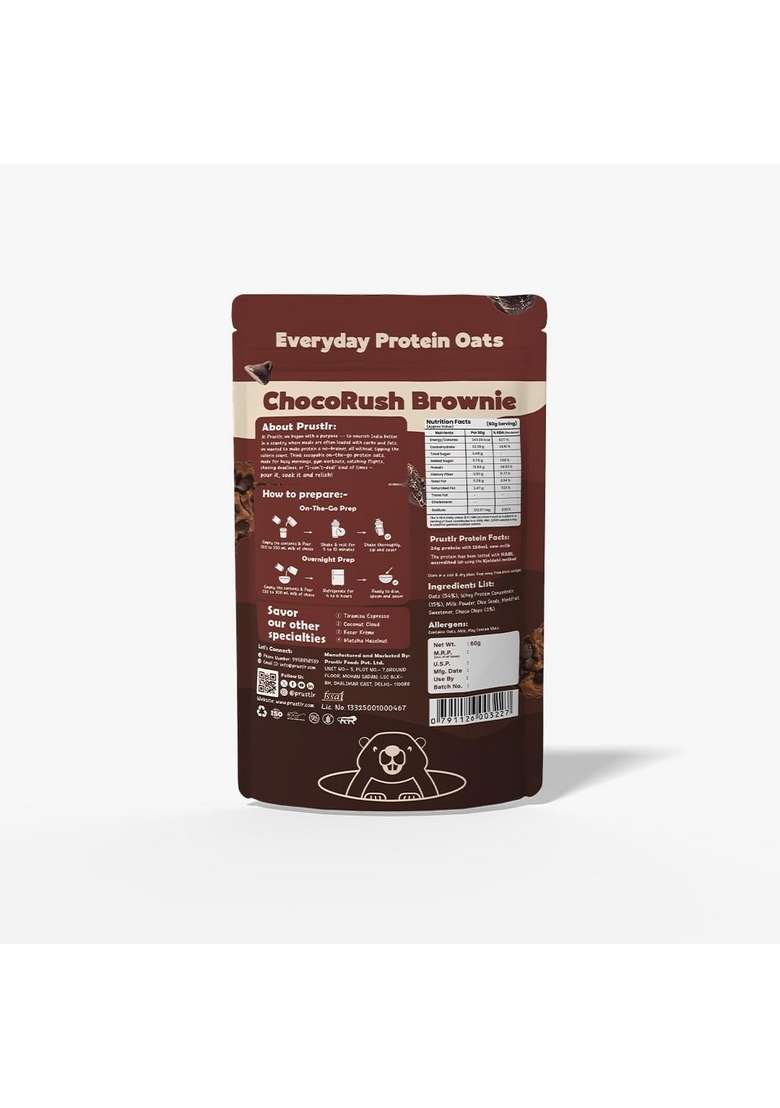 Prustlr Chocorush Brownie - Everyday Protein Oats 24G Protein | Gluten-Free | Guilt-Free | Vegan Friendly | Nature-Inspired | No Added Preservatives | Pack Of 5 - Indya