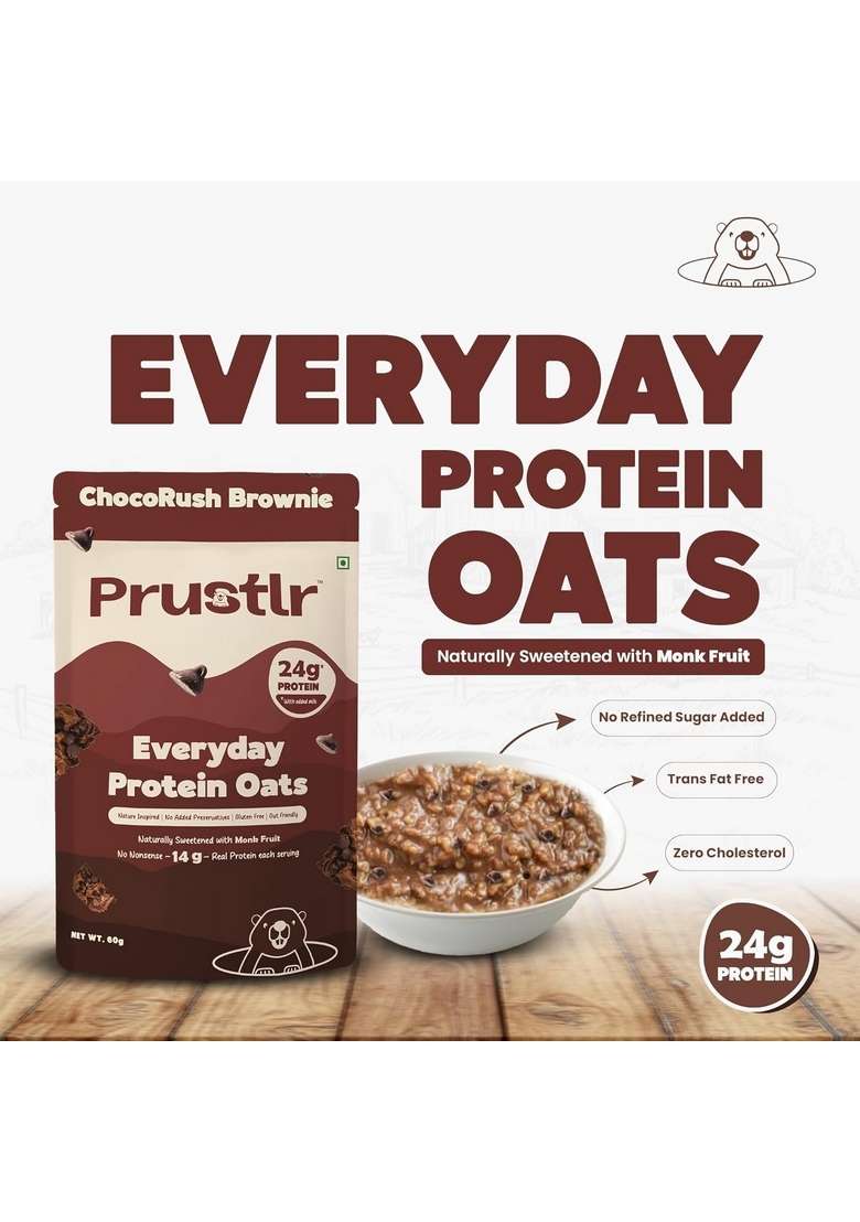 Prustlr Chocorush Brownie - Everyday Protein Oats 24G Protein | Gluten-Free | Guilt-Free | Vegan Friendly | Nature-Inspired | No Added Preservatives | Pack Of 5 - Indya