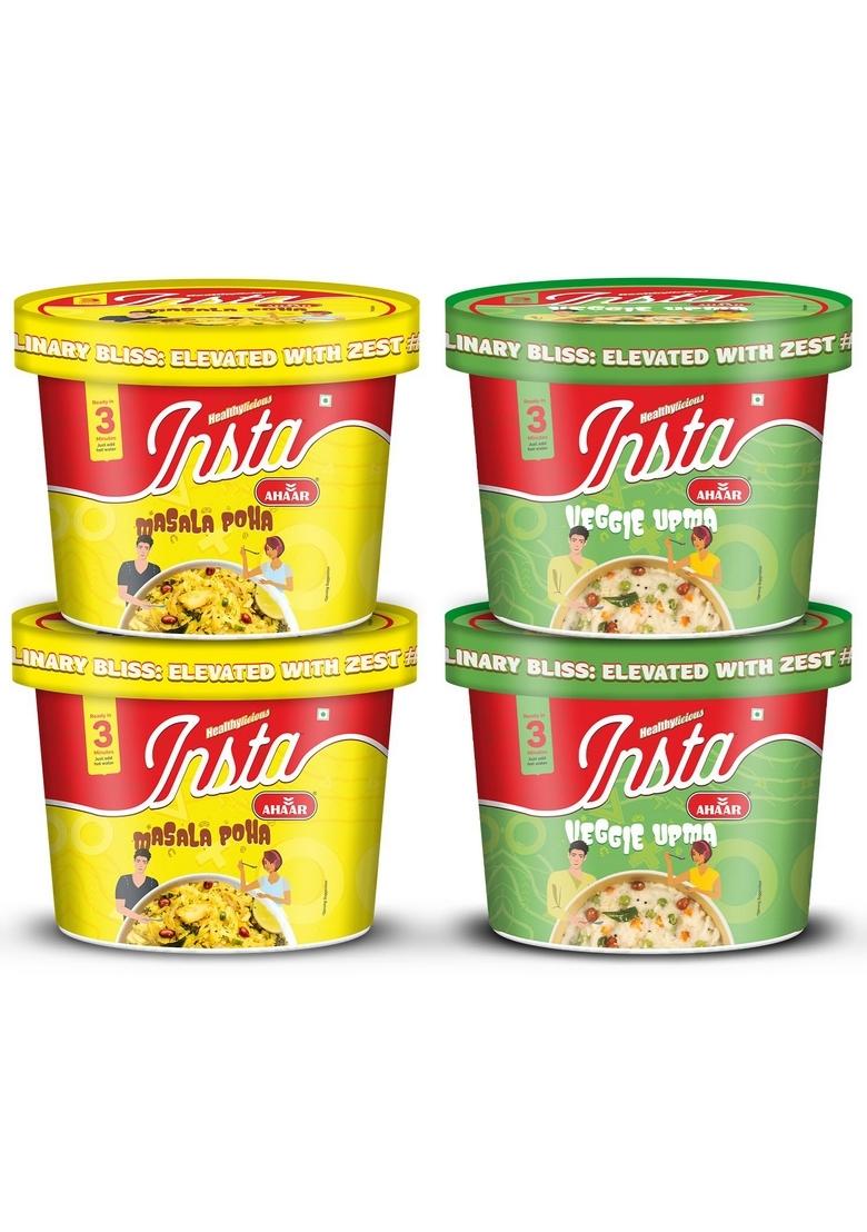 Insta Ahaar Ready-To-Eat, Pack Of 2 Veggie Upma Cup (80G Each) And Pack Of 2 Masala Poha Cup (80G Each), Instant Snack