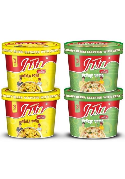Insta Ahaar Ready-To-Eat, Pack Of 2 Veggie Upma Cup (80G Each) And Pack Of 2 Masala Poha Cup (80G Each), Instant Snack