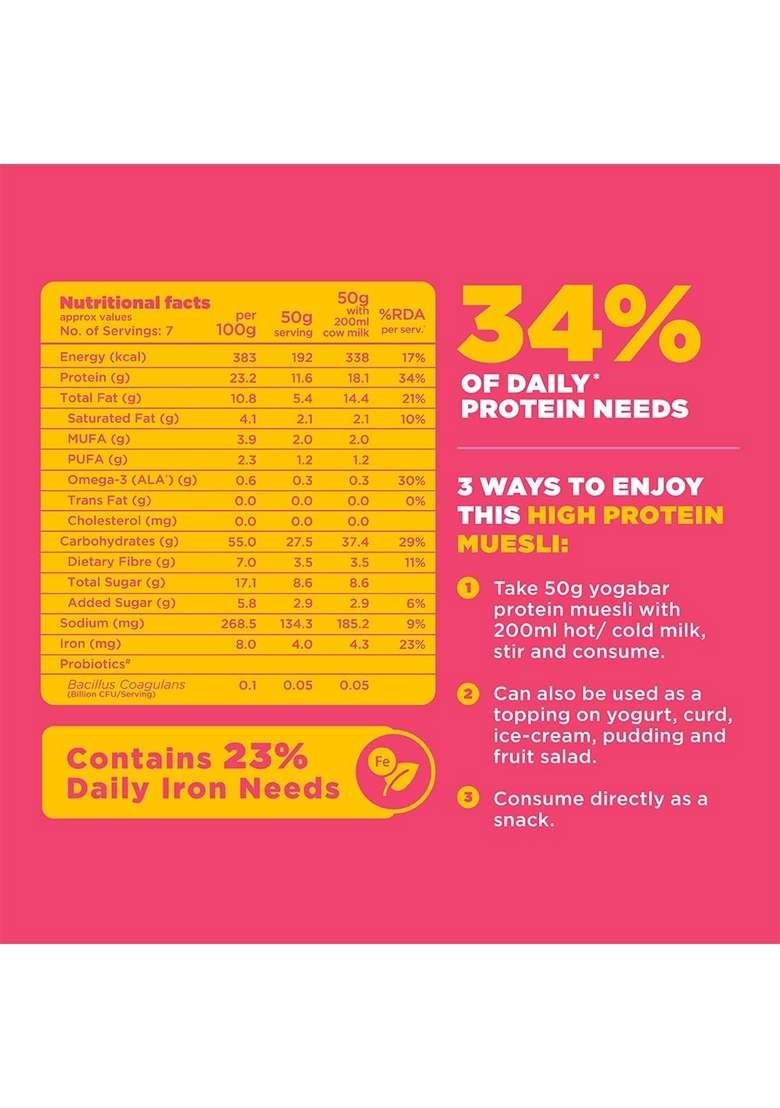 Yogabar High Protein Muesli 350Gm, Fruits & Nut, 22 G Protein, With Apple, Almonds & Super Seeds, Protein Breakfast Cereals - Indya
