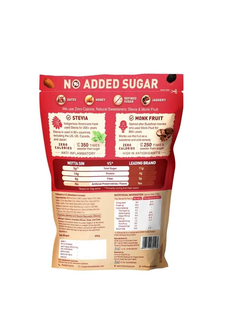 Notta Sin Millet Muesli With Fruit, Nut & Seeds- High Protein Breakfast Cereal | No Added Sugar: Contains Zero Calorie Natural Monk Fruit & Stevia | High Fiber | Made With Jowar, Bajra & Ragi | 300G - Indya