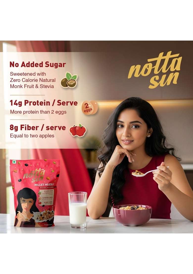 Notta Sin Millet Muesli With Fruit, Nut & Seeds- High Protein Breakfast Cereal | No Added Sugar: Contains Zero Calorie Natural Monk Fruit & Stevia | High Fiber | Made With Jowar, Bajra & Ragi | 300G - Indya