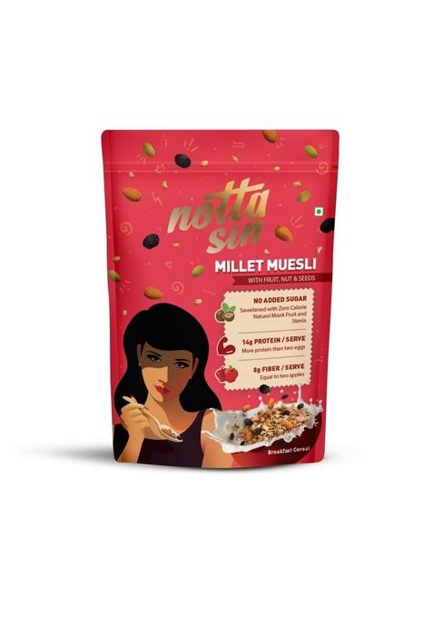 Notta Sin Millet Muesli With Fruit, Nut & Seeds- High Protein Breakfast Cereal | No Added Sugar: Contains Zero Calorie Natural Monk Fruit & Stevia | High Fiber | Made With Jowar, Bajra & Ragi | 300G