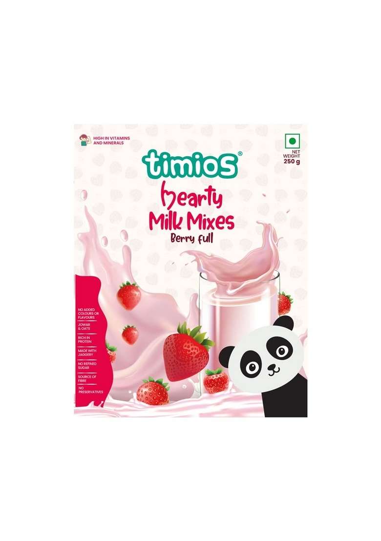 Timios High Protein Berry Blast Milk Mix |No Sugar | Supergrain Blend Of Oats | Organic Jowar | Strawberry Powder | 250G - Indya