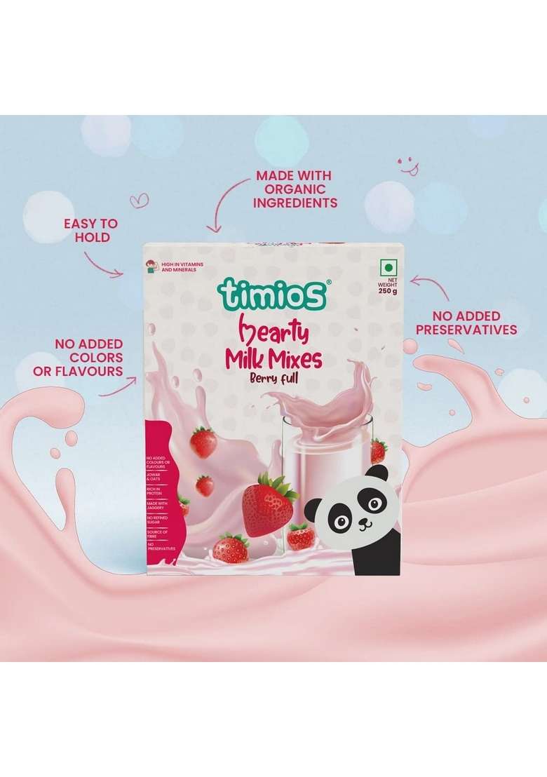 Timios High Protein Berry Blast Milk Mix |No Sugar | Supergrain Blend Of Oats | Organic Jowar | Strawberry Powder | 250G - Indya
