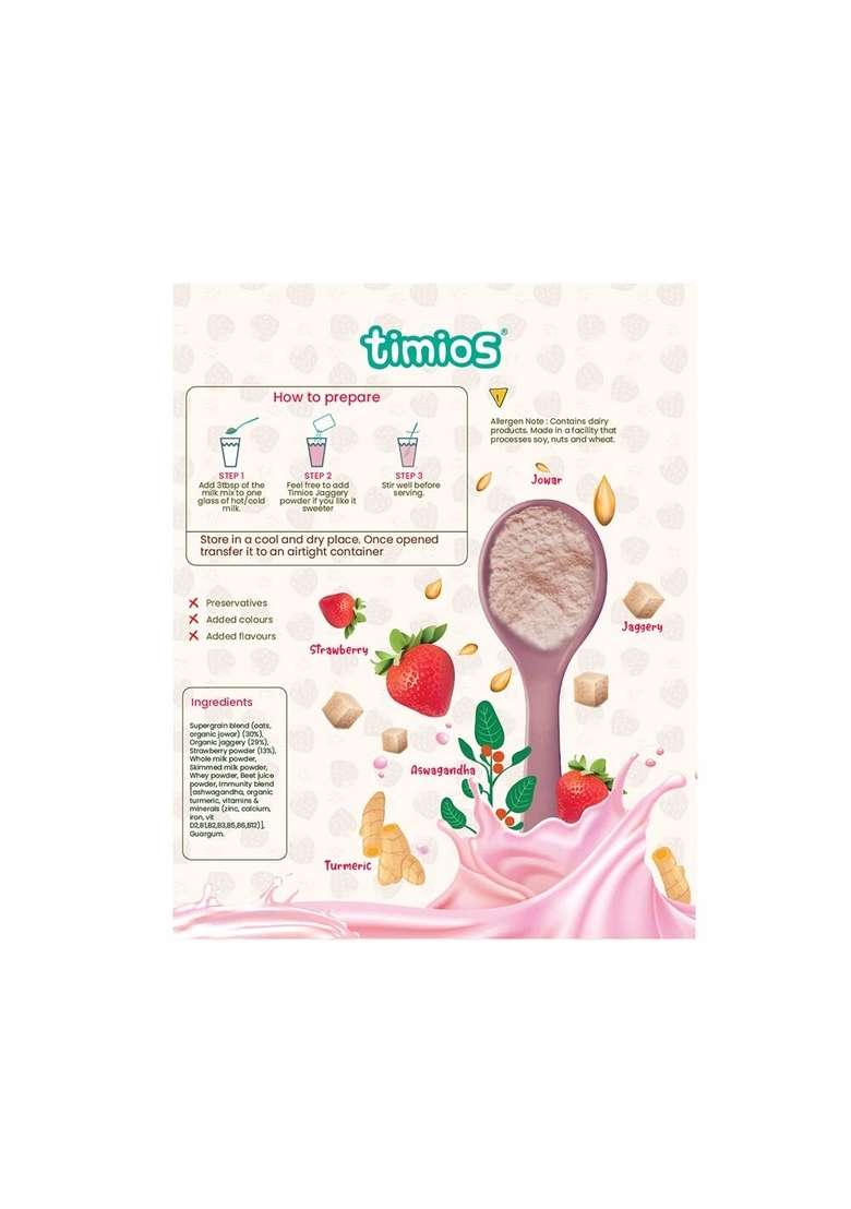 Timios High Protein Berry Blast Milk Mix |No Sugar | Supergrain Blend Of Oats | Organic Jowar | Strawberry Powder | 250G - Indya