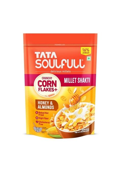Tata Soulfull Corn Flakes+, Honey & Almonds, Crunchy Corn & Millets, Baked Not Fried, Cholesterol Free, High Fiber, Wholesome Breakfast Cereal, Quick & Easy, 170G