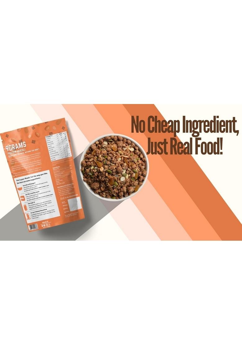 9Grams High Protein Muesli, 300G With 21G Protein/Serving. Made With Whey & Soy Protein, 4 Millets, Oats Wholegrain, Peanut Butter And Dark Chocolate, High Fibre, Low Carbs, No Preservatives And No Palm Oil