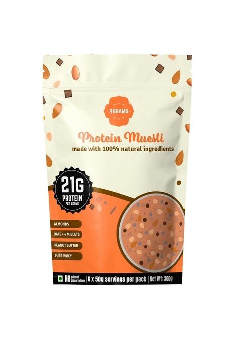 9Grams High Protein Muesli, 300G With 21G Protein/Serving. Made With Whey & Soy Protein, 4 Millets, Oats Wholegrain, Peanut Butter And Dark Chocolate, High Fibre, Low Carbs, No Preservatives And No Palm Oil