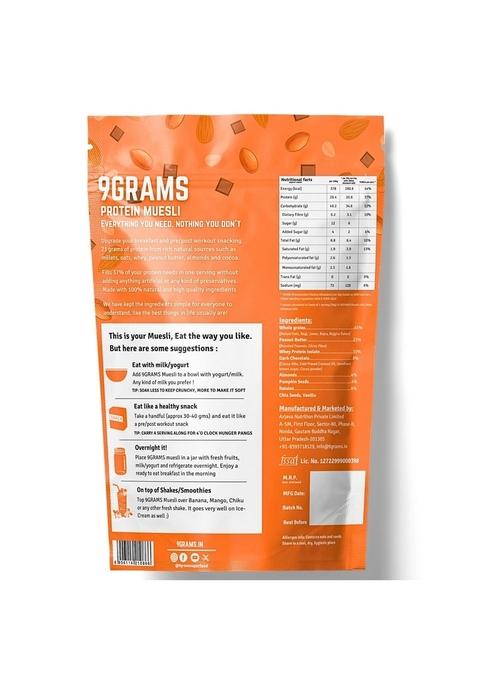 9Grams High Protein Muesli, 300G With 21G Protein/Serving. Made With Whey & Soy Protein, 4 Millets, Oats Wholegrain, Peanut Butter And Dark Chocolate, High Fibre, Low Carbs, No Preservatives And No Palm Oil