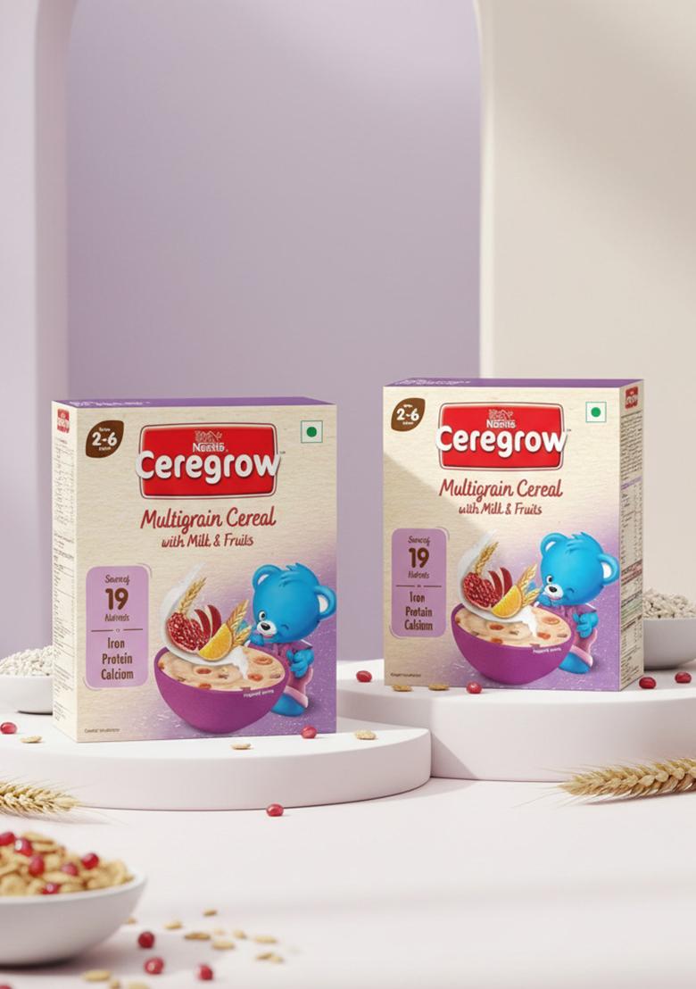 Ceregrow Multigrain Milk & Fruits Cereal | With Iron, Protein, Calcium | 19 Nutrients | 300G, Bag-In-Box Pack (Pack Of 2)