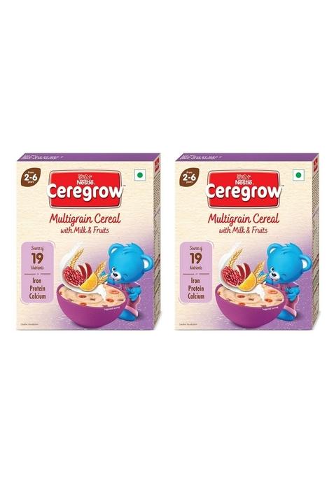 Ceregrow Multigrain Milk & Fruits Cereal | With Iron, Protein, Calcium | 19 Nutrients | 300G, Bag-In-Box Pack (Pack Of 2)