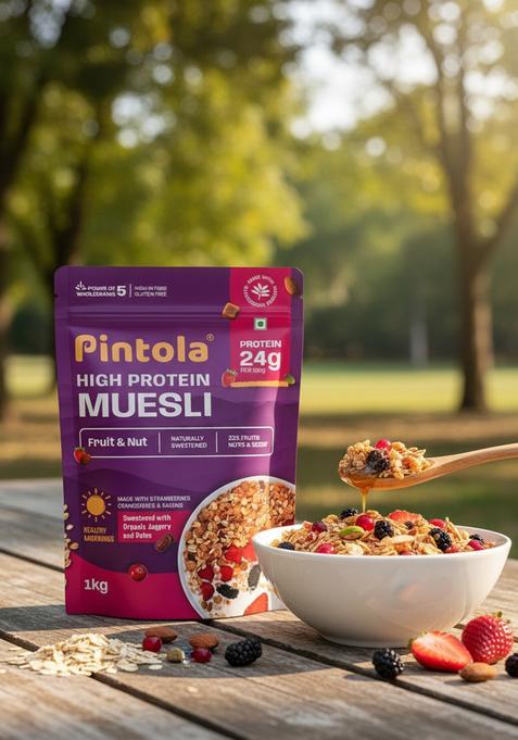 Pintola 24G High Protein Muesli, Fruit & Nut, 1Kg | Gluten-Free, Naturally Sweetened With Organic Jaggery & Dates, 22% Fruits, Nuts & Seeds, No Refined Sugar, Healthy Breakfast Cereal