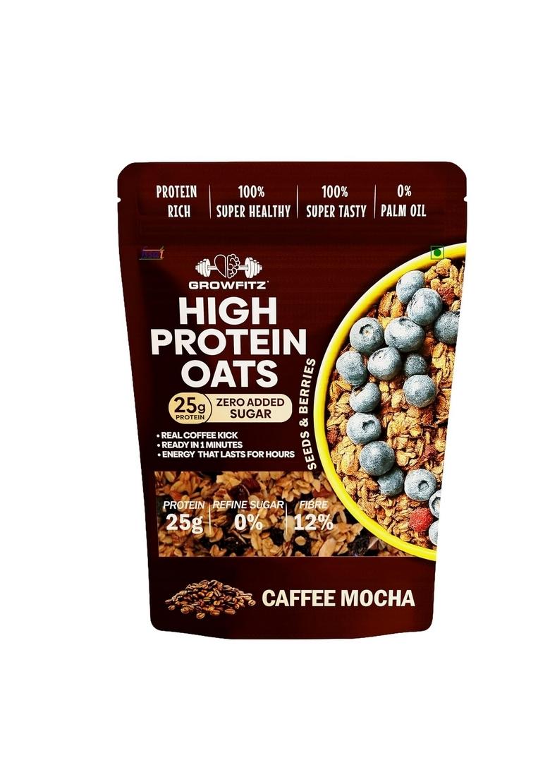 Growfitz 25G High Protein Oats 800 Gram | Caffee Mocha Flavor Breakfast Oatmeal | 12G High Fiber, Almonds, Raisin, Pumpkin, Chia Seeds, Super Rolled Oats | Healthy Fats, No Added Sugar (Pack Of 1)