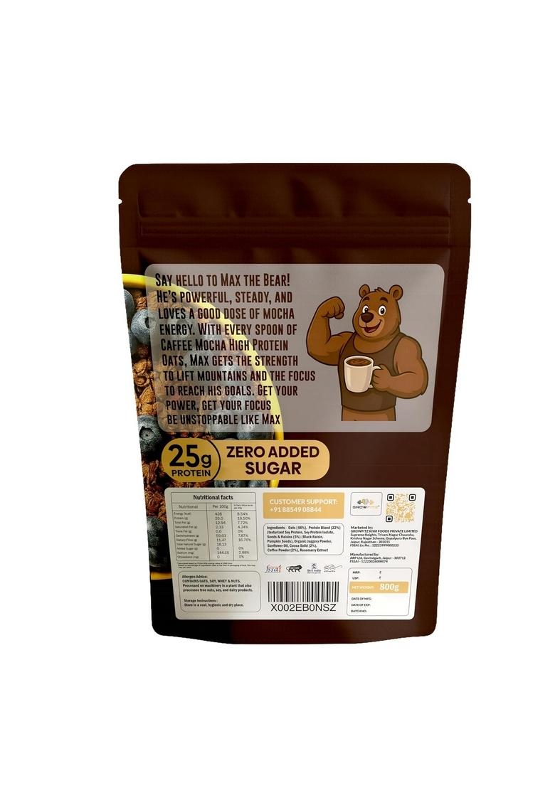 Growfitz 25G High Protein Oats 800 Gram | Caffee Mocha Flavor Breakfast Oatmeal | 12G High Fiber, Almonds, Raisin, Pumpkin, Chia Seeds, Super Rolled Oats | Healthy Fats, No Added Sugar (Pack Of 1)
