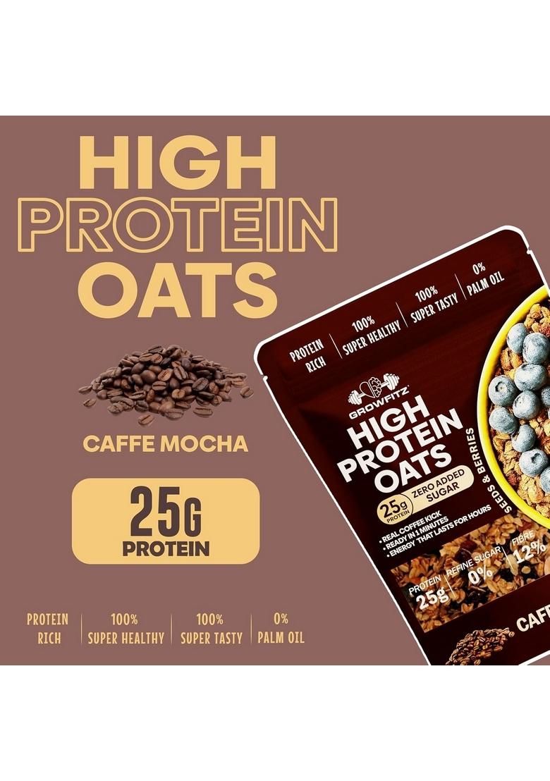 Growfitz 25G High Protein Oats 800 Gram | Caffee Mocha Flavor Breakfast Oatmeal | 12G High Fiber, Almonds, Raisin, Pumpkin, Chia Seeds, Super Rolled Oats | Healthy Fats, No Added Sugar (Pack Of 1)