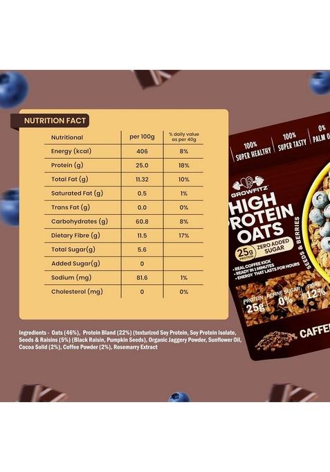 Growfitz 25G High Protein Oats 800 Gram | Caffee Mocha Flavor Breakfast Oatmeal | 12G High Fiber, Almonds, Raisin, Pumpkin, Chia Seeds, Super Rolled Oats | Healthy Fats, No Added Sugar (Pack Of 1)