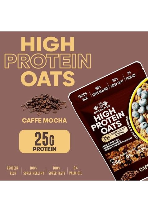 Growfitz 25G High Protein Oats 800 Gram | Caffee Mocha Flavor Breakfast Oatmeal | 12G High Fiber, Almonds, Raisin, Pumpkin, Chia Seeds, Super Rolled Oats | Healthy Fats, No Added Sugar (Pack Of 1)