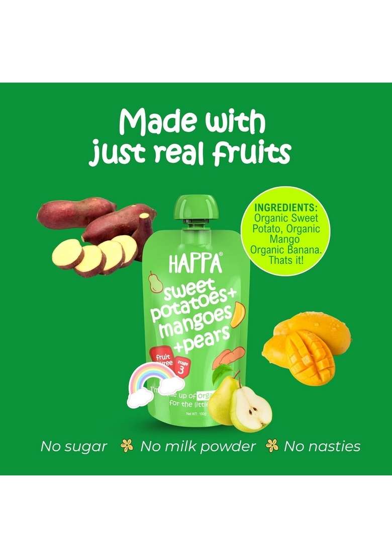 Happa Healthy Baby Food Puree | 100% Fruits | No Added Sugar, No Milk Powder, No Preservatives | Stage 3 (8 M+) | Ready To Eat | Free From Common Allergens | Pack Of 6 (100G Each) - Indya