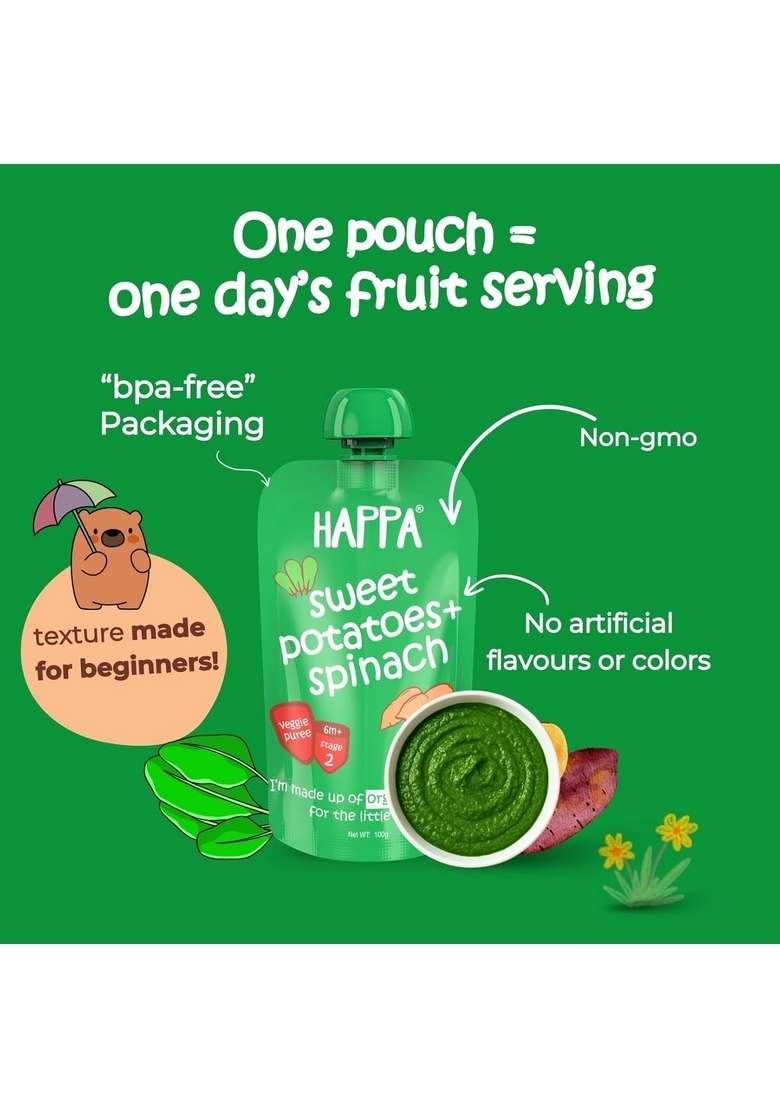 Happa Healthy Baby Food Puree | 100% Fruits | No Added Sugar, No Milk Powder, No Preservatives | Stage 3 (8 M+) | Ready To Eat | Free From Common Allergens | Pack Of 6 (100G Each) - Indya