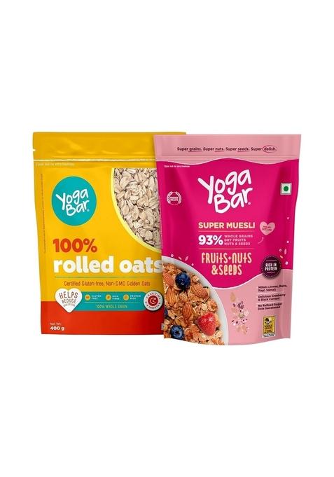 Yogabar Breakfast Oats And Muesli | Fruits And Nuts Muesli | Super Oats Premium Golden 100% Rolled Oats Combo Pack