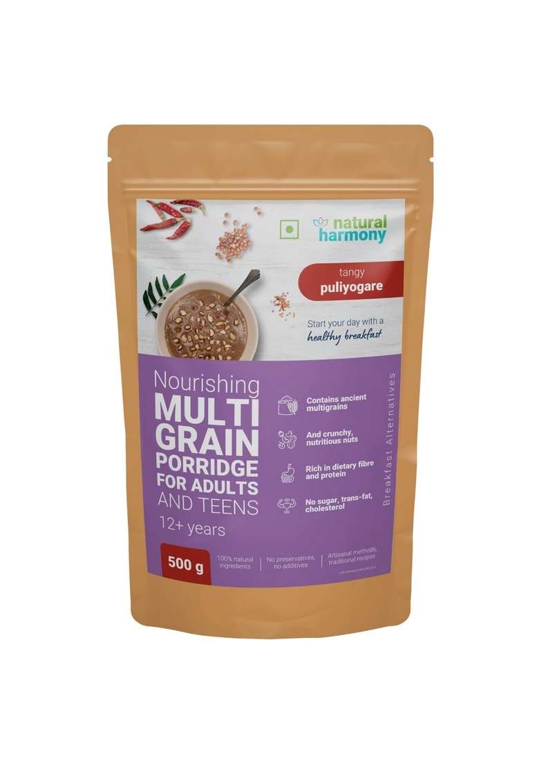 Natural Harmony Multigrain Porridge For Adults, Teens | Tangy Puliyogare | 500G | Healthy Breakfast Cereal With Millets & Nuts | Zero Sugar | High Fibre | Sattu Powder | Sathu Maavu | Ragi Malt - Indya