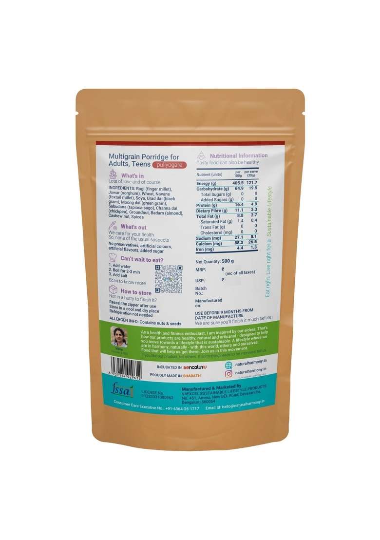 Natural Harmony Multigrain Porridge For Adults, Teens | Tangy Puliyogare | 500G | Healthy Breakfast Cereal With Millets & Nuts | Zero Sugar | High Fibre | Sattu Powder | Sathu Maavu | Ragi Malt - Indya