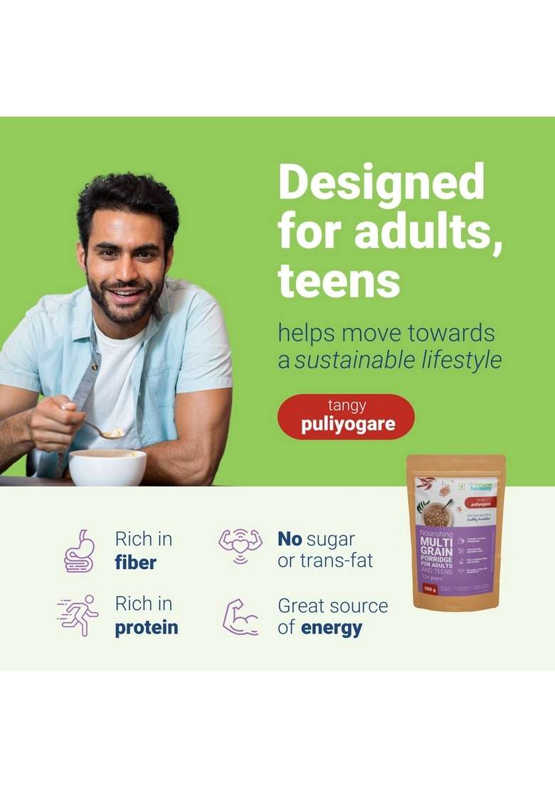 Natural Harmony Multigrain Porridge For Adults, Teens | Tangy Puliyogare | 500G | Healthy Breakfast Cereal With Millets & Nuts | Zero Sugar | High Fibre | Sattu Powder | Sathu Maavu | Ragi Malt - Indya