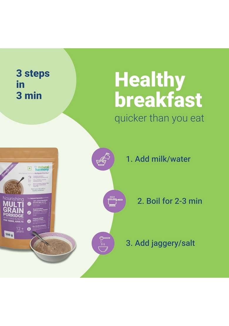 Natural Harmony Multigrain Porridge For Adults, Teens | Tangy Puliyogare | 500G | Healthy Breakfast Cereal With Millets & Nuts | Zero Sugar | High Fibre | Sattu Powder | Sathu Maavu | Ragi Malt - Indya