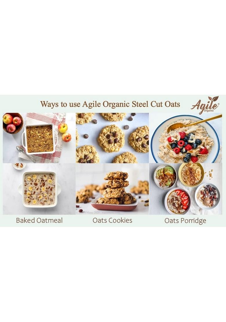 Agile Organic® Steel Cut Oats, 1Kg | Gluten Free Oats | Breakfast | Diet Food For Weight Loss | 100% Wholegrain Cereal