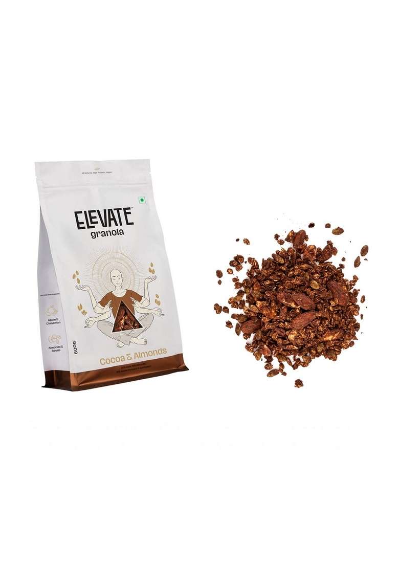 Elevate Granola Cocoa & Almonds 600G | Oats (35%), Almonds (19%), Seeds (18%) | High Protein & Fibre | No Processed Sugar & Preservatives | Vegan | Healthy Snack & Breakfast Cereal - Indya