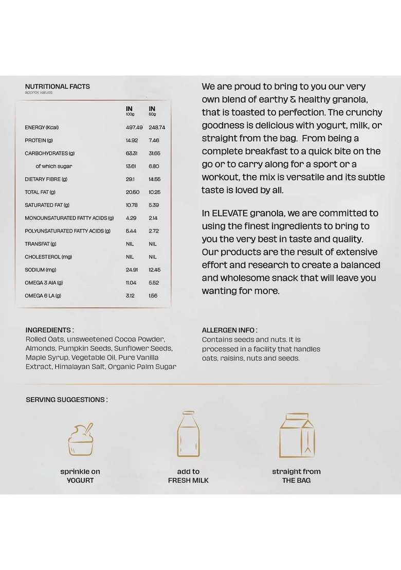 Elevate Granola Cocoa & Almonds 600G | Oats (35%), Almonds (19%), Seeds (18%) | High Protein & Fibre | No Processed Sugar & Preservatives | Vegan | Healthy Snack & Breakfast Cereal - Indya