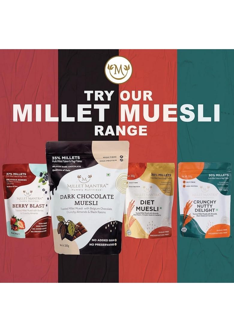 High Protein Chocolate Muesli 600Gm (300Gm X Pack Of 2) By Millet Mantra | Sugar Free Muesli With Belgium Chocolate, Almonds & Black Raisins | Rich Breakfast Cereals