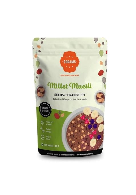 9Grams Wholegrain & Millet Muesli | No Added Sugar, 11G Protein Per Serving, Use As Breakfast Cereal Or Healthy Snack (Seeds & Cranberry, 300G)