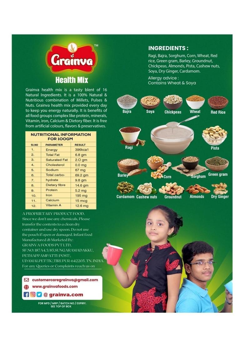 Grainva Protein-Rich Multigrain Health Mix For Kids And Adults With 16 Natural Ingredients | Nutritional Powder | Protein Powder|Energy Drink Mix|Millet Health Mix 500Gm Pack (1)