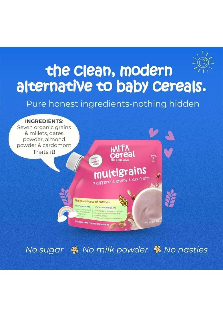 Happa Multigrain Cereal For Babies | Only 7 Ingredients | No Sugar, Oil, Milk Powder, Flavours Or Colours | Traditional Porridge Recipe | Cooks In 3 Minutes | Stage 2 (6 Months+) | 200G Pack - Indya