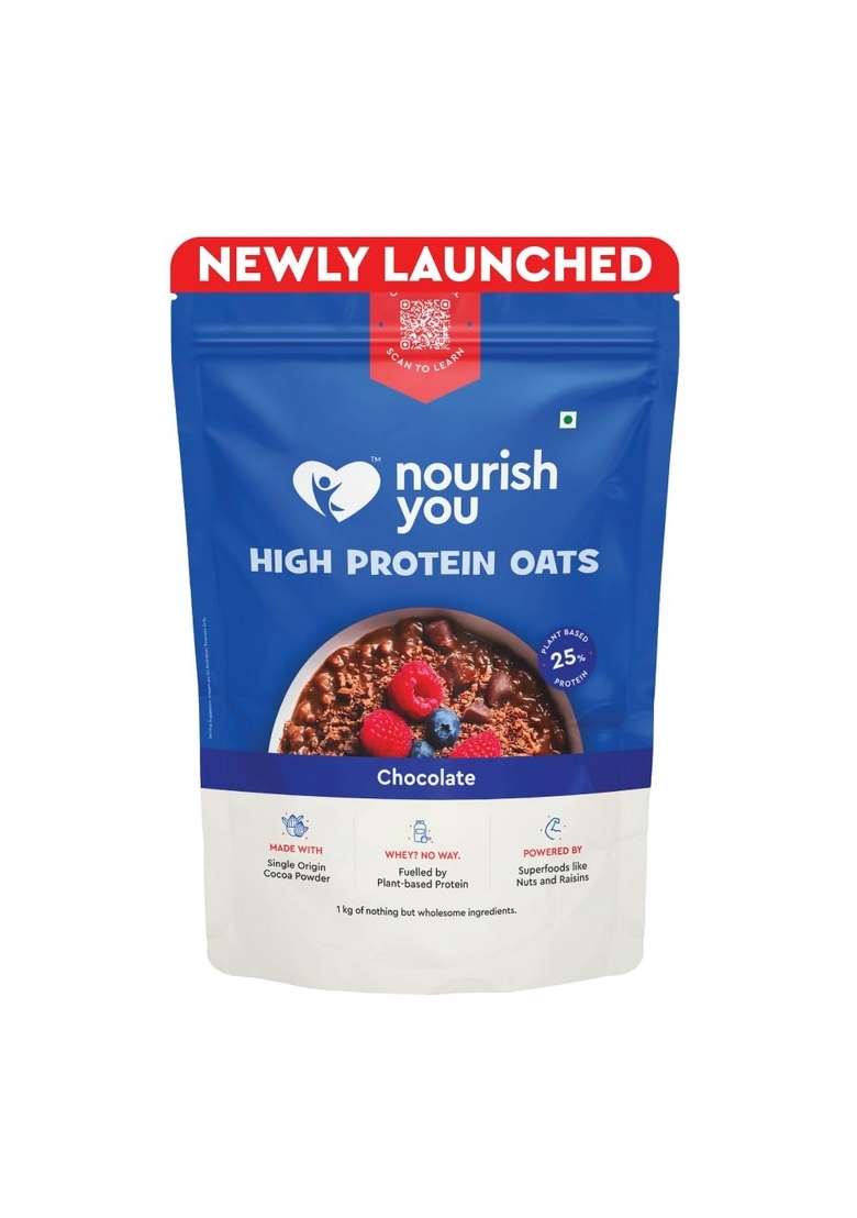 Nourish You 25% High Protein Chocolate Oats -1Kg Plant Based Protein | Made With Rolled Oats, Cocoa Powder, Almonds, Raisins & Soy Protein | High Protein Breakfast Cereal | 1Kg Pack - Indya
