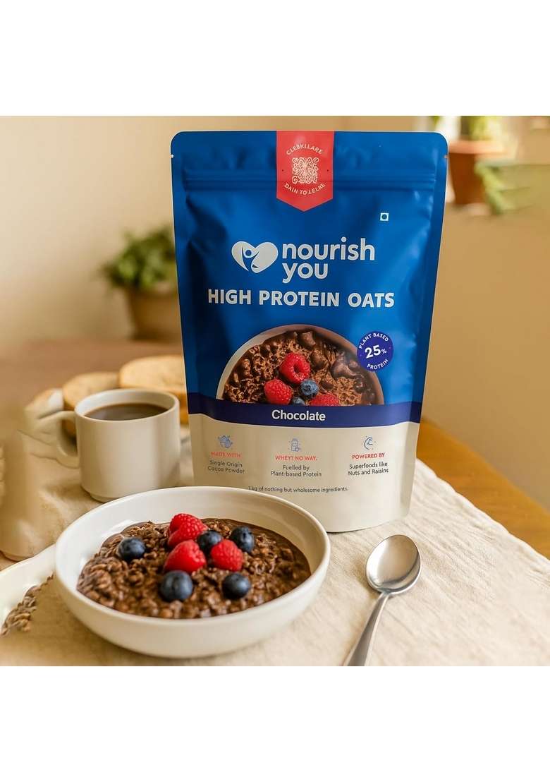 Nourish You 25% High Protein Chocolate Oats -1Kg Plant Based Protein | Made With Rolled Oats, Cocoa Powder, Almonds, Raisins & Soy Protein | High Protein Breakfast Cereal | 1Kg Pack - Indya